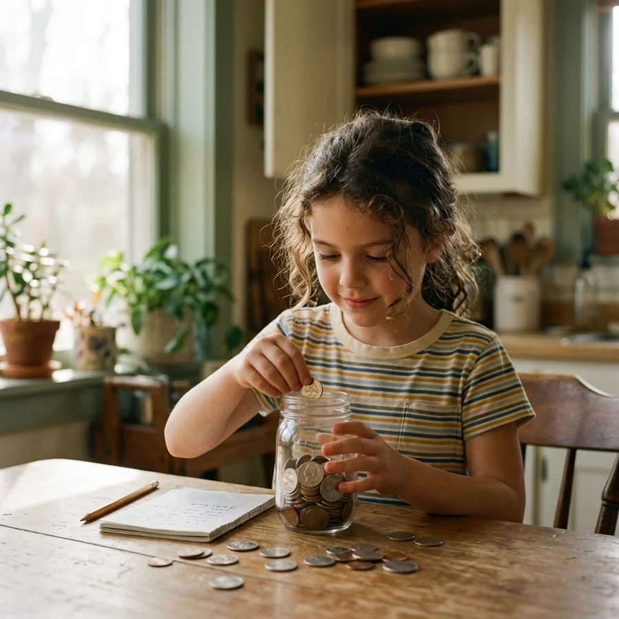 A child counting coins into a jar, the habit that starts a legacy