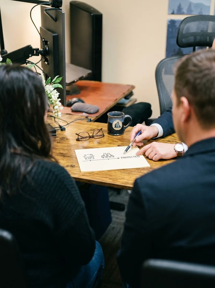 Showing a couple the path to family protection at the desk